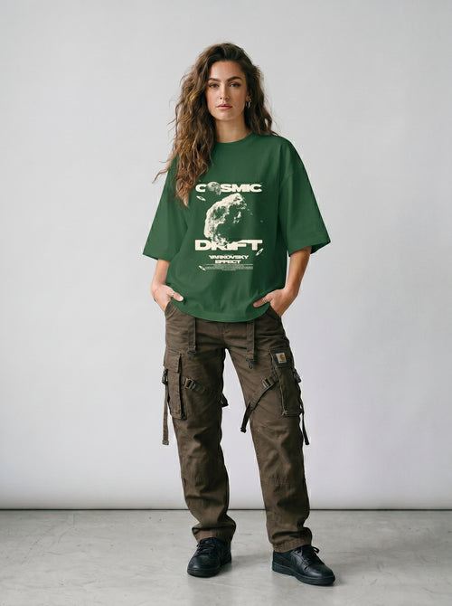 Cosmic Drift Bottle Green || Unisex Terry Oversized Tee
